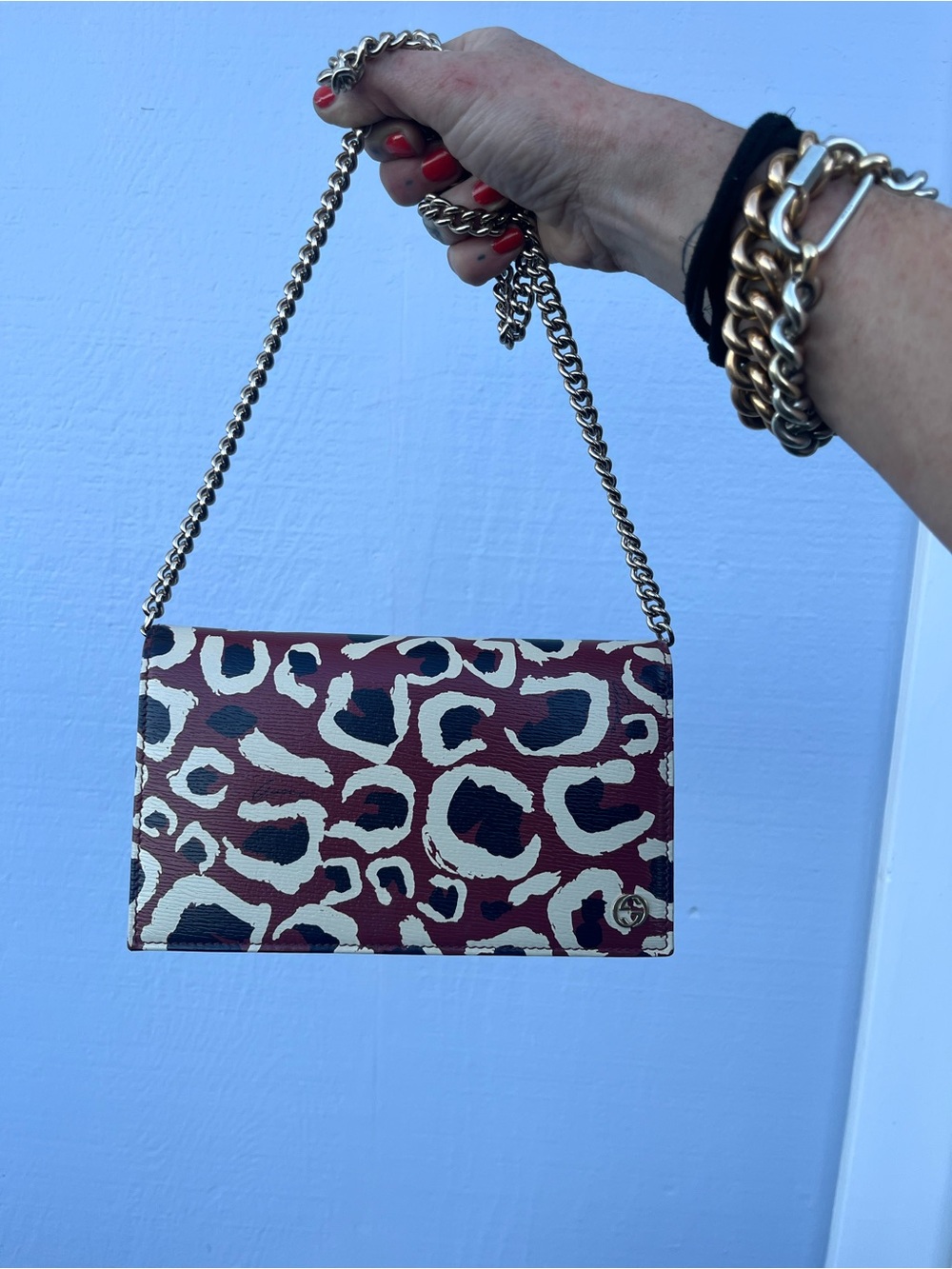 Gucci "Shanghai Betty" Leopard-Print Chain Shoulder Bag in Burgundy and Cream